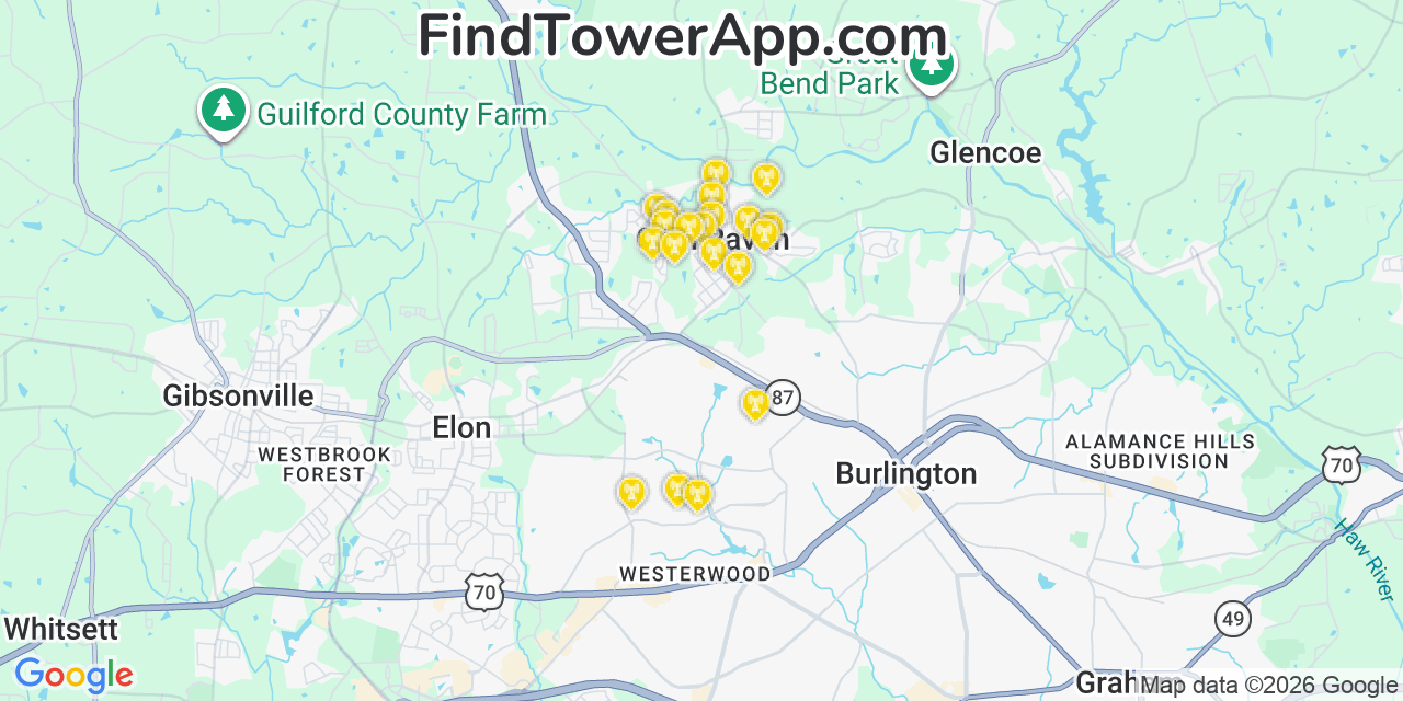 Map showing the 20 primary cell tower locations detected in Glen Raven, North Carolina from AT&T, Verizon, and T-Mobile networks