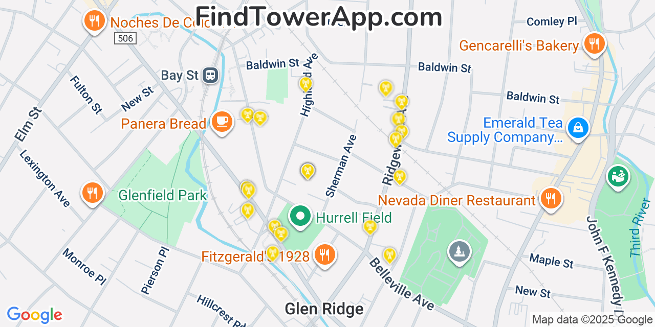 Map showing the 20 primary cell tower locations detected in Glen Ridge, New Jersey from AT&T, Verizon, and T-Mobile networks