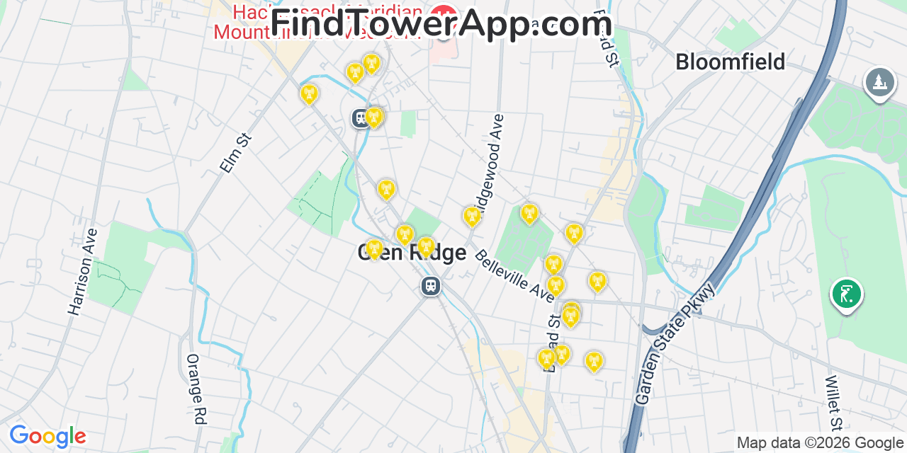 Map showing the 20 primary cell tower locations detected in Glen Ridge, New Jersey from AT&T, Verizon, and T-Mobile networks