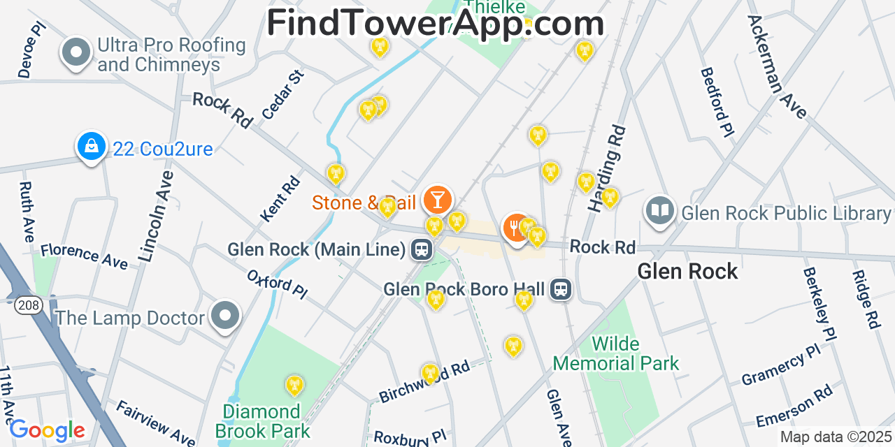 Map showing the 20 primary cell tower locations detected in Glen Rock, New Jersey from AT&T, Verizon, and T-Mobile networks