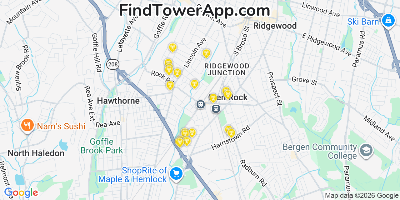 Map showing the 20 primary cell tower locations detected in Glen Rock, New Jersey from AT&T, Verizon, and T-Mobile networks