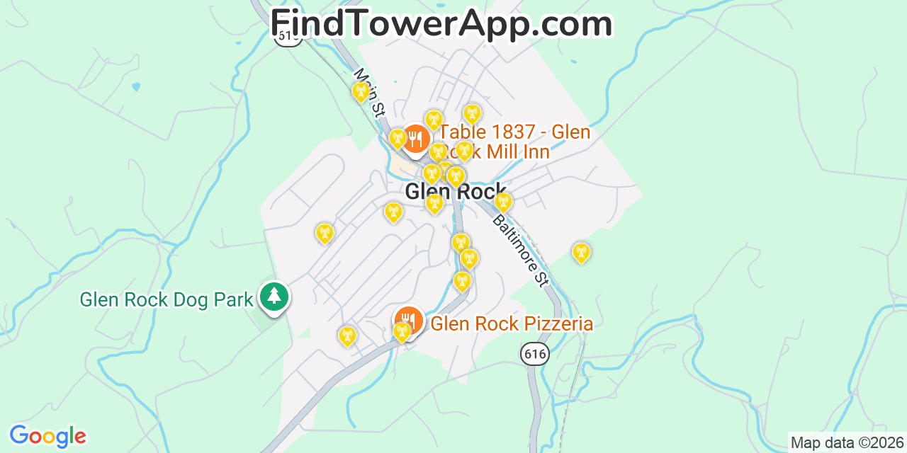 Map showing the 20 primary cell tower locations detected in Glen Rock, Pennsylvania from AT&T, Verizon, and T-Mobile networks
