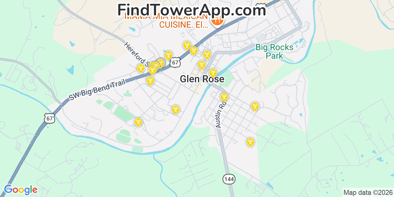 Map showing the 20 primary cell tower locations detected in Glen Rose, Texas from AT&T, Verizon, and T-Mobile networks