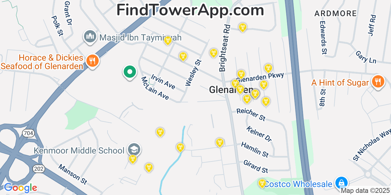Map showing the 20 primary cell tower locations detected in Glenarden, Maryland from AT&T, Verizon, and T-Mobile networks