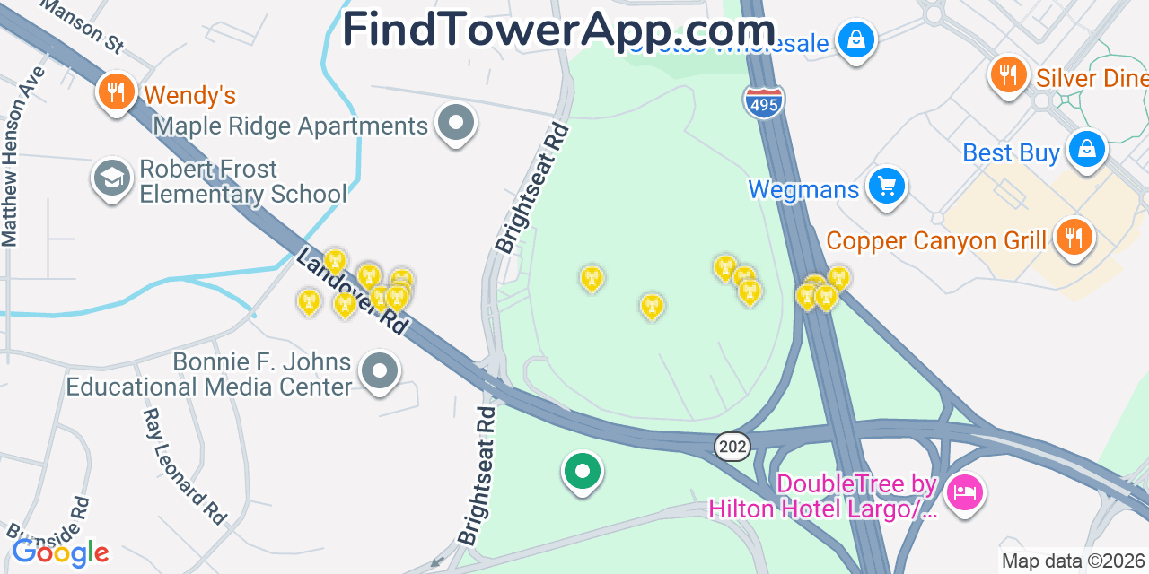 Map showing the 20 primary cell tower locations detected in Glenarden, Maryland from AT&T, Verizon, and T-Mobile networks