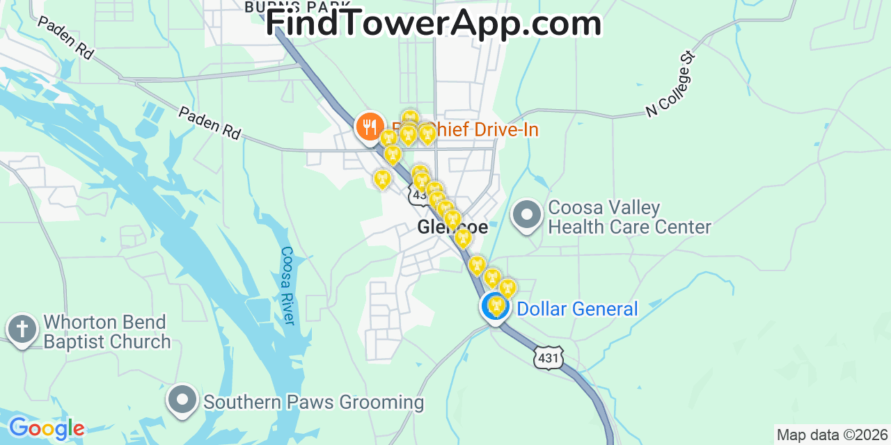Map showing the 20 primary cell tower locations detected in Glencoe, Alabama from AT&T, Verizon, and T-Mobile networks