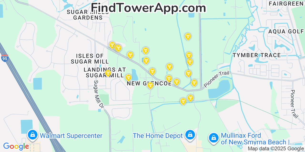 Map showing the 20 primary cell tower locations detected in Glencoe, Florida from AT&T, Verizon, and T-Mobile networks