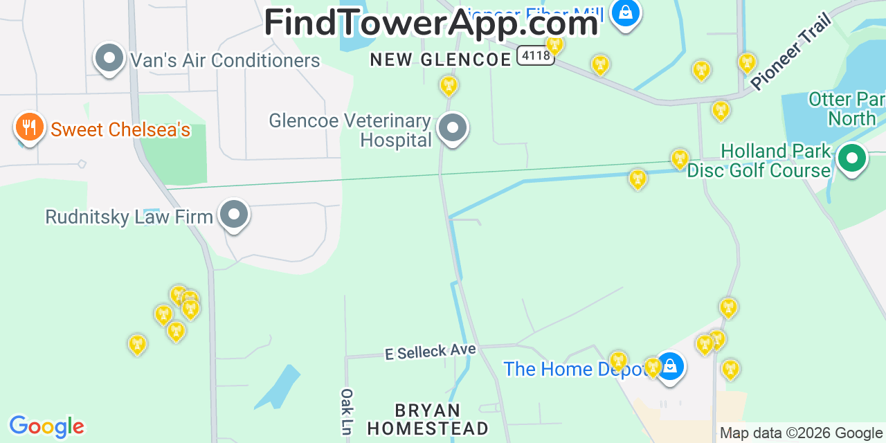Map showing the 20 primary cell tower locations detected in Glencoe, Florida from AT&T, Verizon, and T-Mobile networks