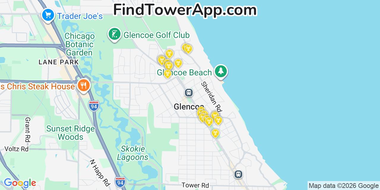 Map showing the 20 primary cell tower locations detected in Glencoe, Illinois from AT&T, Verizon, and T-Mobile networks