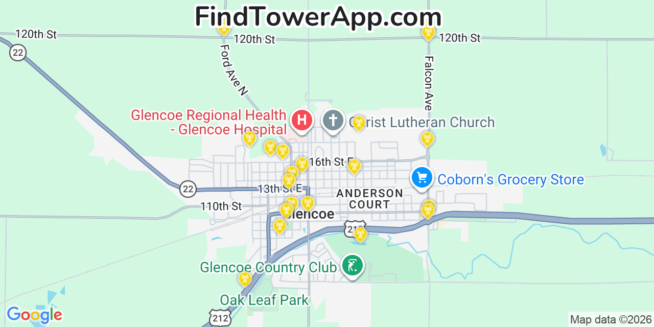 Map showing the 20 primary cell tower locations detected in Glencoe, Minnesota from AT&T, Verizon, and T-Mobile networks