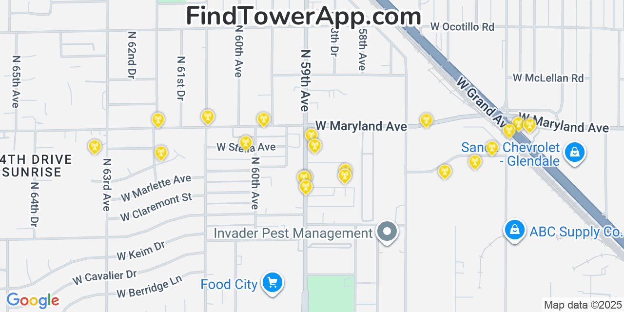 Map showing the 20 primary cell tower locations detected in Glendale, Arizona from AT&T, Verizon, and T-Mobile networks