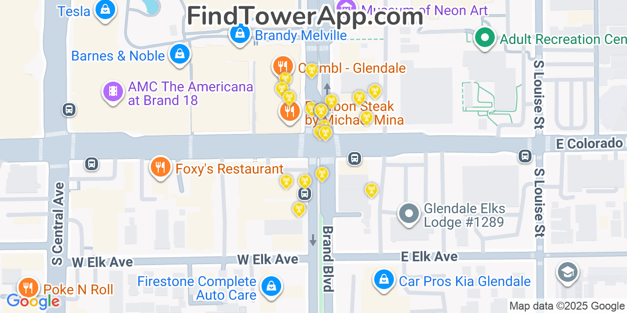 Map showing the 20 primary cell tower locations detected in Glendale, California from AT&T, Verizon, and T-Mobile networks