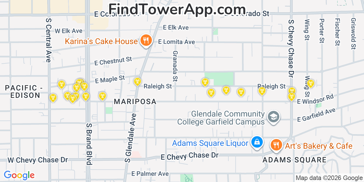 Map showing the 20 primary cell tower locations detected in Glendale, California from AT&T, Verizon, and T-Mobile networks