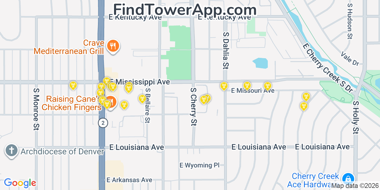 Map showing the 20 primary cell tower locations detected in Glendale, Colorado from AT&T, Verizon, and T-Mobile networks