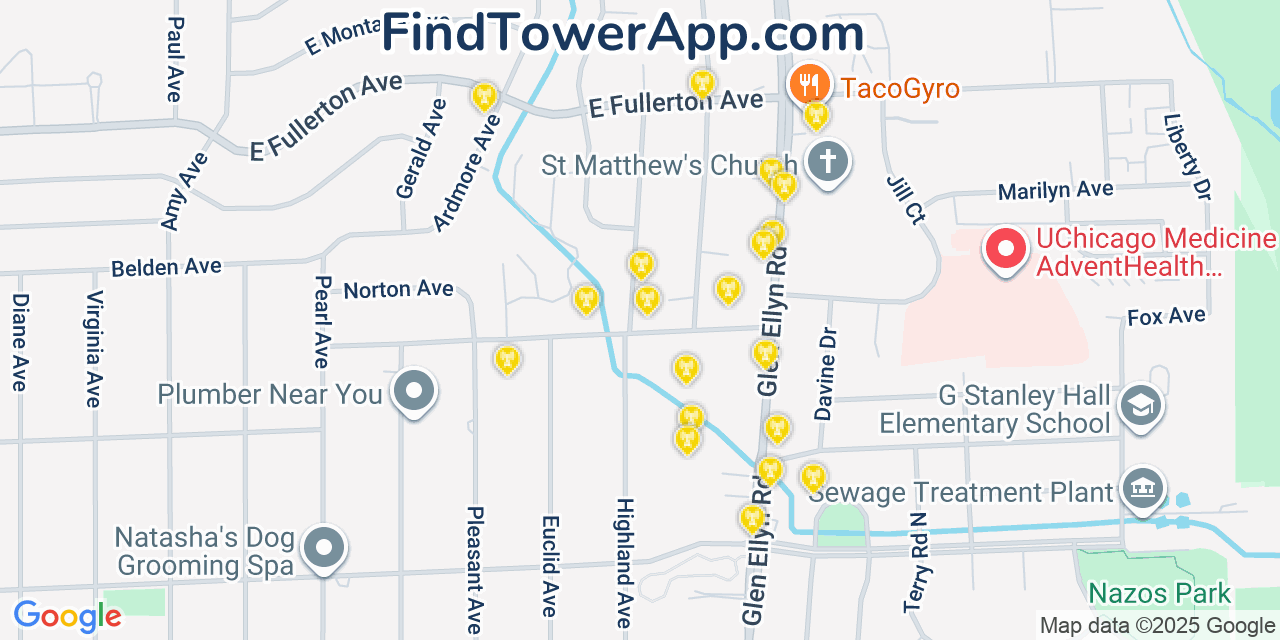 Map showing the 20 primary cell tower locations detected in Glendale Heights, Illinois from AT&T, Verizon, and T-Mobile networks