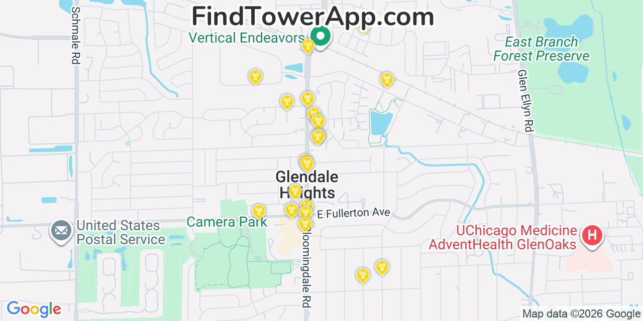 Map showing the 20 primary cell tower locations detected in Glendale Heights, Illinois from AT&T, Verizon, and T-Mobile networks