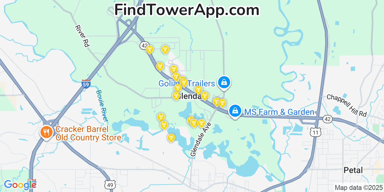 Map showing the 20 primary cell tower locations detected in Glendale, Mississippi from AT&T, Verizon, and T-Mobile networks