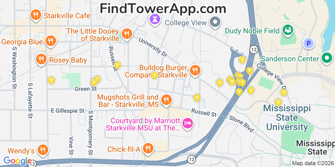 Map showing the 20 primary cell tower locations detected in Glendale, Mississippi from AT&T, Verizon, and T-Mobile networks