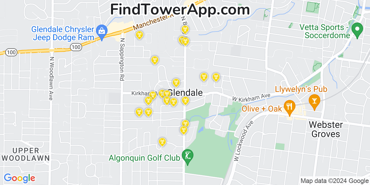 AT&T 4G/5G cell tower coverage map Glendale, Missouri