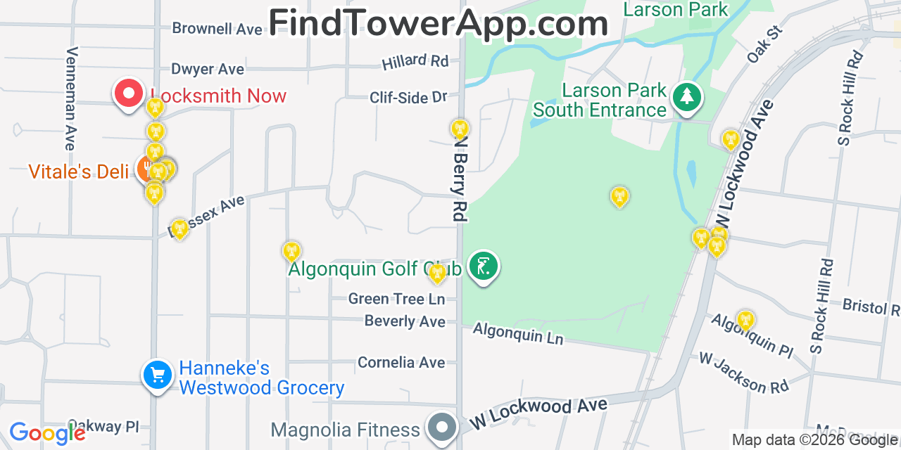 Map showing the 20 primary cell tower locations detected in Glendale, Missouri from AT&T, Verizon, and T-Mobile networks