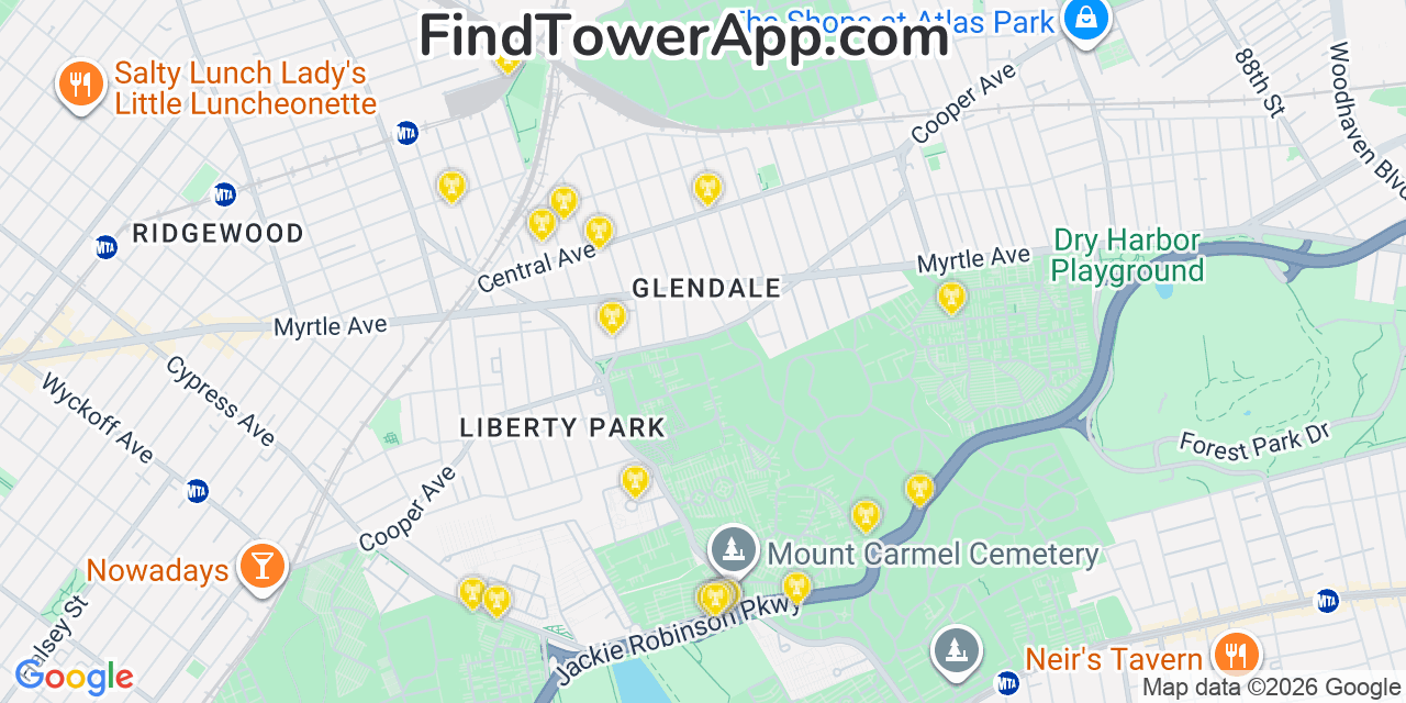 Map showing the 20 primary cell tower locations detected in Glendale, New York from AT&T, Verizon, and T-Mobile networks