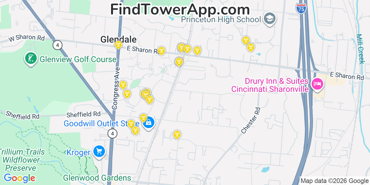 Map showing the 20 primary cell tower locations detected in Glendale, Ohio from AT&T, Verizon, and T-Mobile networks