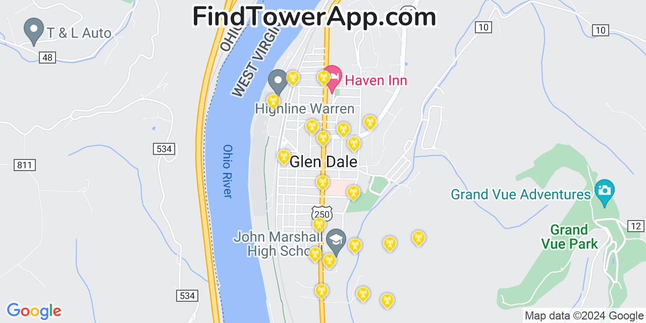 AT&T 4G/5G cell tower coverage map Glendale, West Virginia