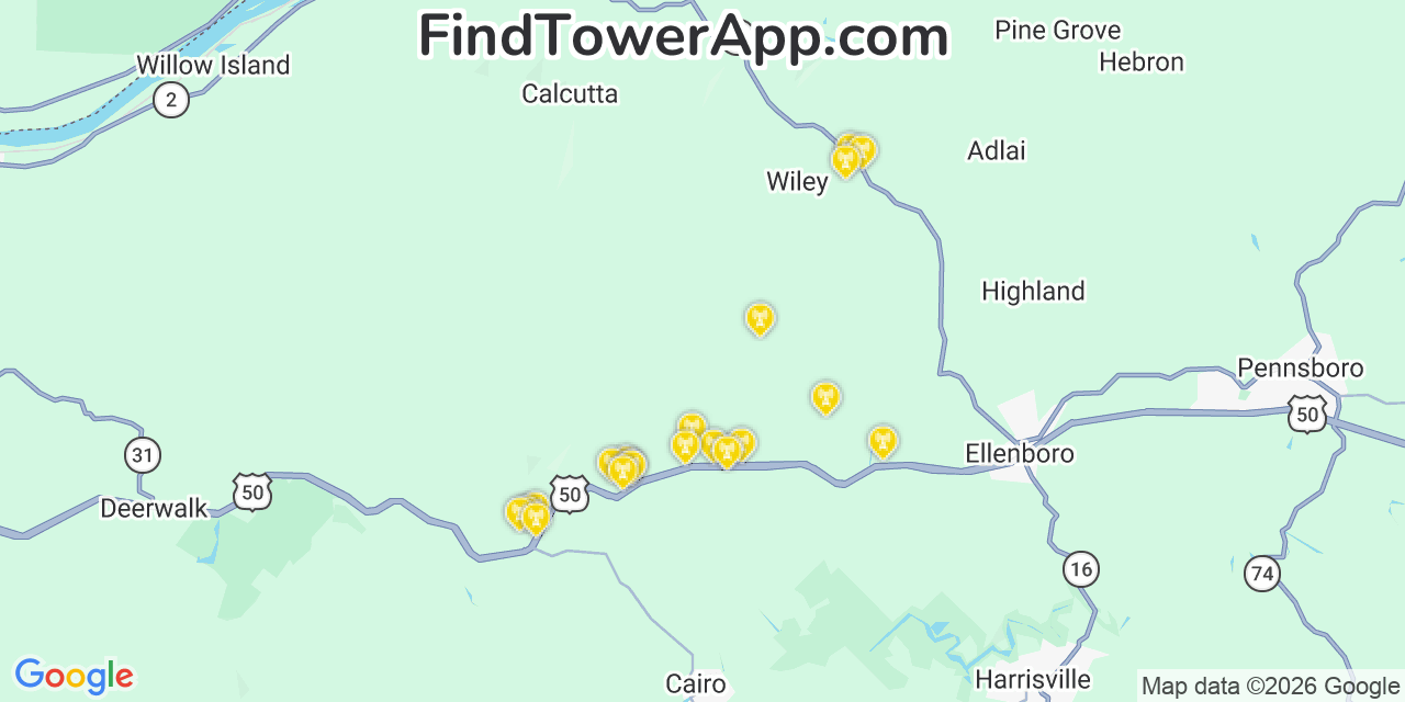Map showing the 20 primary cell tower locations detected in Glendale, West Virginia from AT&T, Verizon, and T-Mobile networks