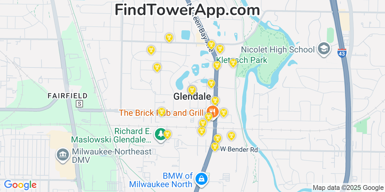 Map showing the 20 primary cell tower locations detected in Glendale, Wisconsin from AT&T, Verizon, and T-Mobile networks