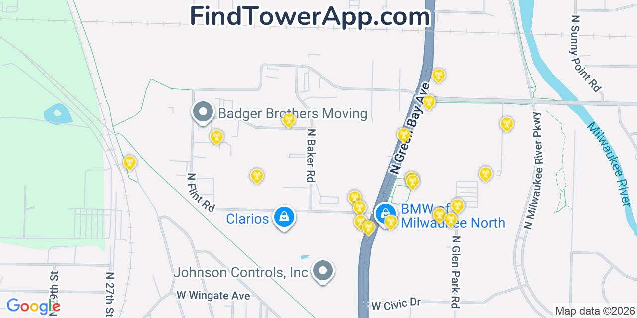 Map showing the 20 primary cell tower locations detected in Glendale, Wisconsin from AT&T, Verizon, and T-Mobile networks
