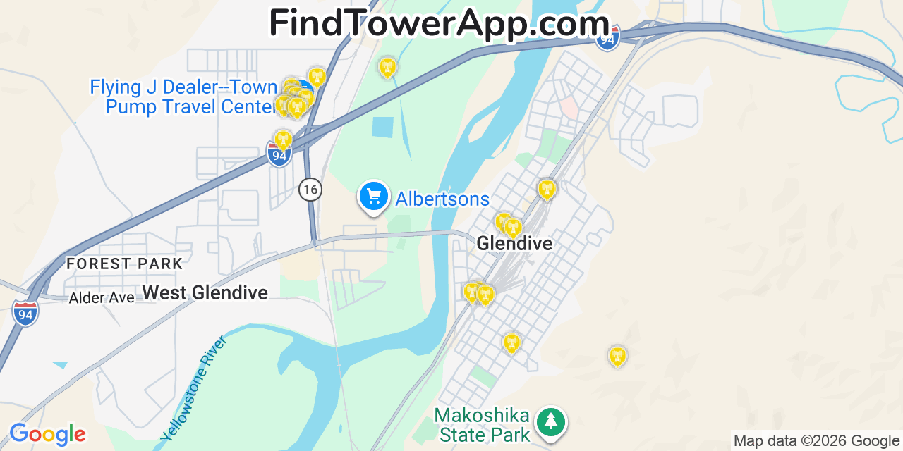 Map showing the 20 primary cell tower locations detected in Glendive, Montana from AT&T, Verizon, and T-Mobile networks