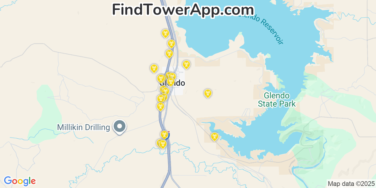 Map showing the 20 primary Verizon cell tower locations detected in Glendo, Wyoming with coverage radius and signal strength indicators