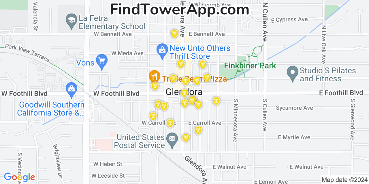 AT&T 4G/5G cell tower coverage map Glendora, California