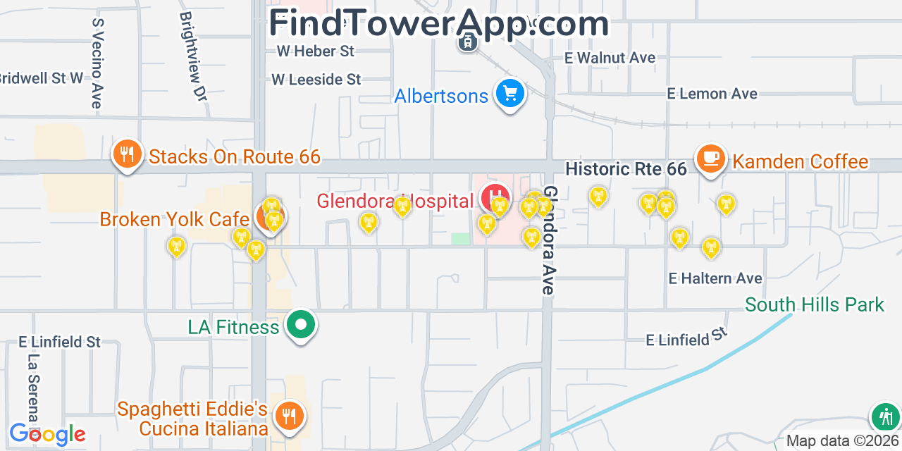 Map showing the 20 primary cell tower locations detected in Glendora, California from AT&T, Verizon, and T-Mobile networks