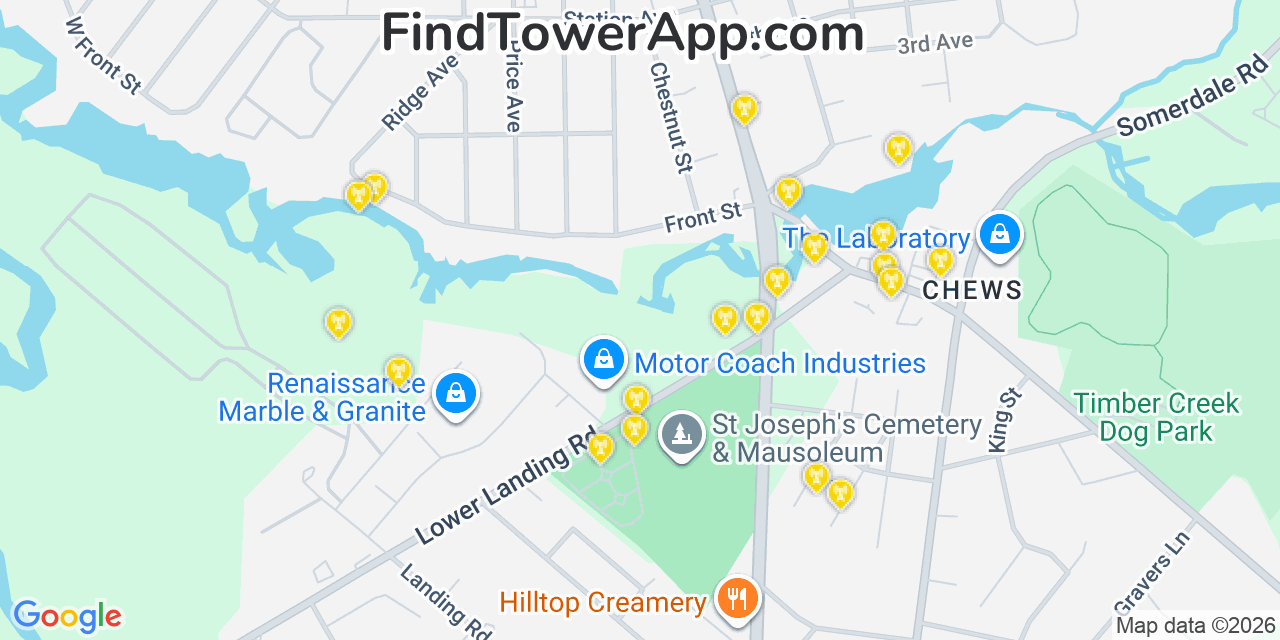 Map showing the 20 primary cell tower locations detected in Glendora, New Jersey from AT&T, Verizon, and T-Mobile networks