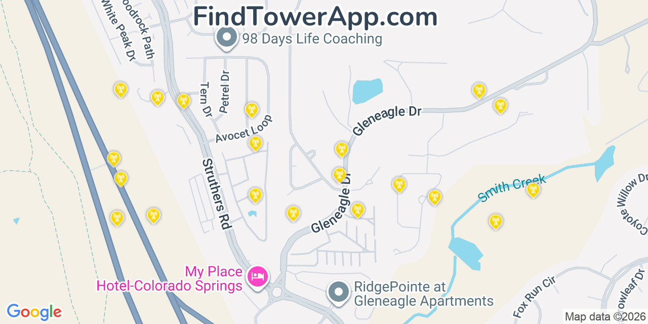 Map showing the 20 primary cell tower locations detected in Gleneagle, Colorado from AT&T, Verizon, and T-Mobile networks