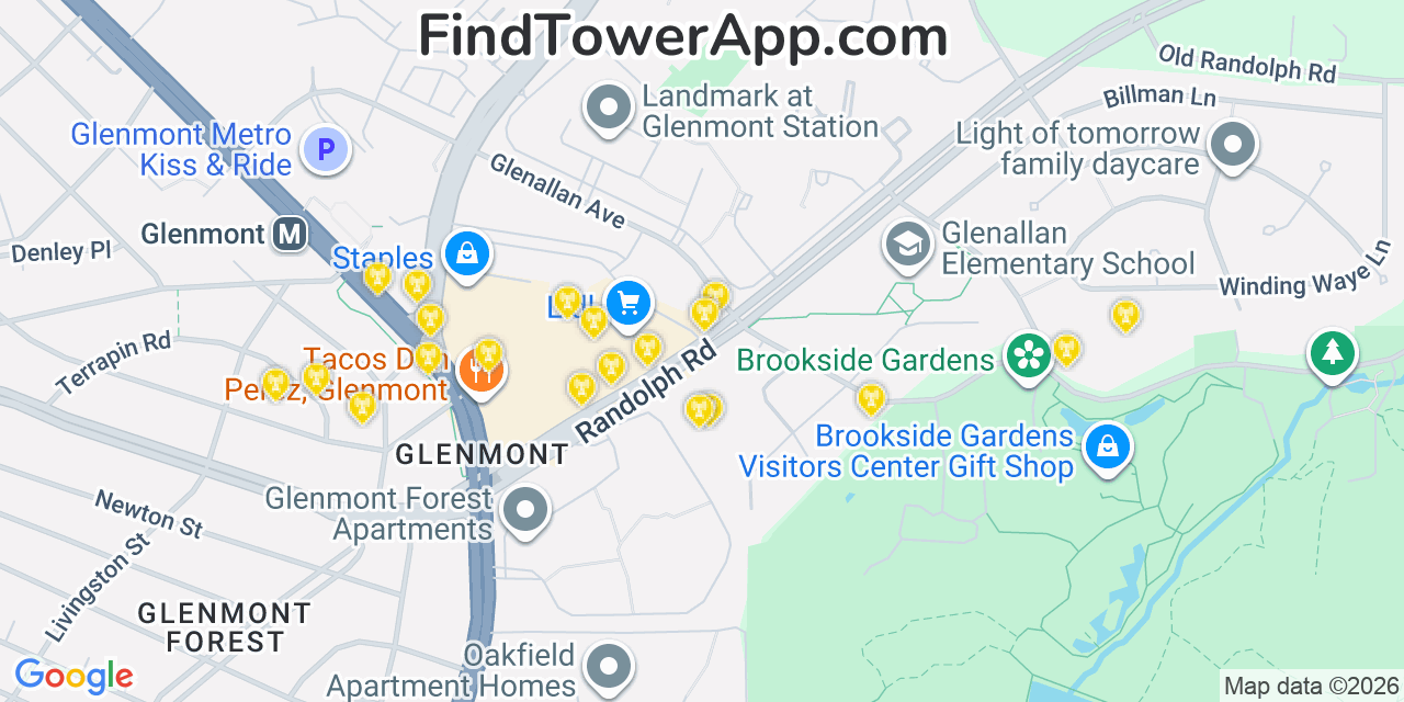 Map showing the 20 primary cell tower locations detected in Glenmont, Maryland from AT&T, Verizon, and T-Mobile networks