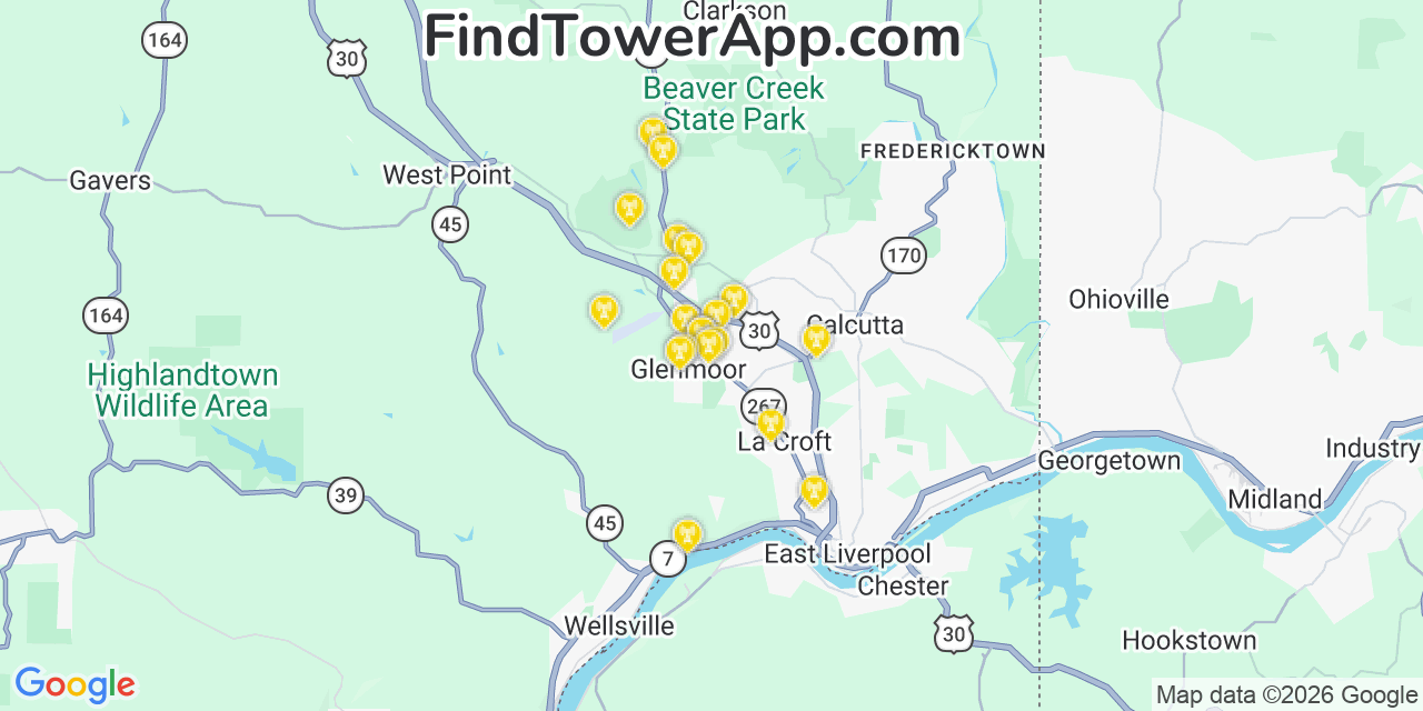 Map showing the 20 primary cell tower locations detected in Glenmoor, Ohio from AT&T, Verizon, and T-Mobile networks