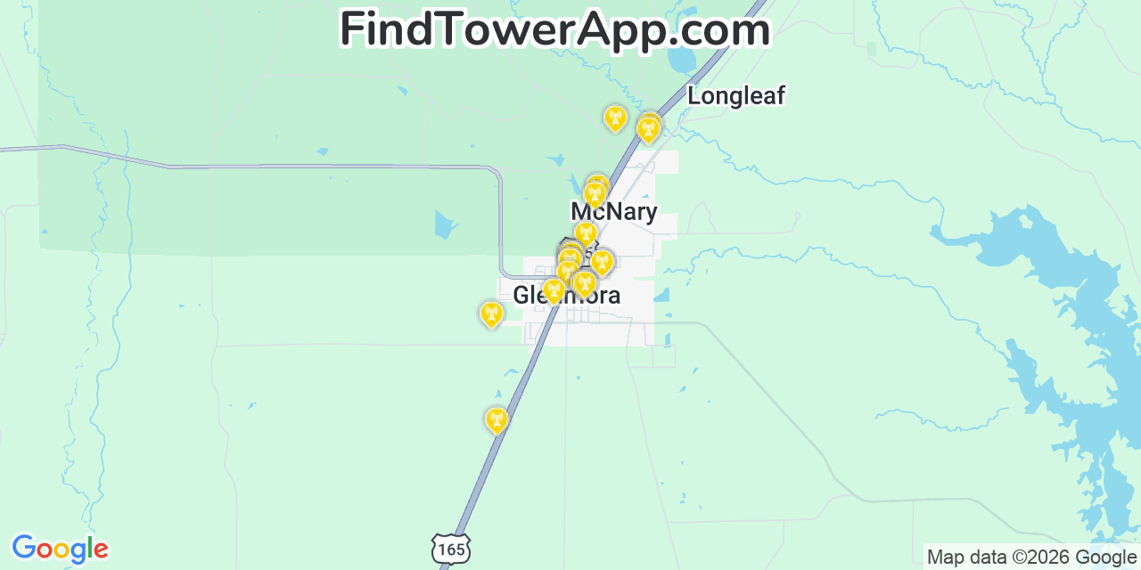 Map showing the 20 primary cell tower locations detected in Glenmora, Louisiana from AT&T, Verizon, and T-Mobile networks