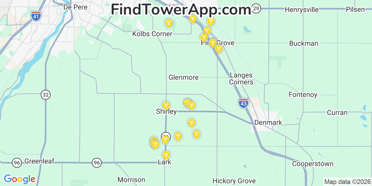 Map showing the 20 primary cell tower locations detected in Glenmore, Wisconsin from AT&T, Verizon, and T-Mobile networks
