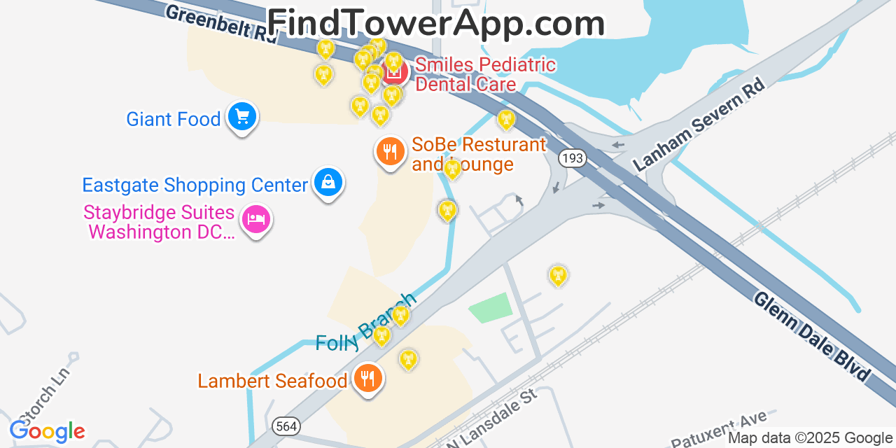 Map showing the 20 primary cell tower locations detected in Glenn Dale, Maryland from AT&T, Verizon, and T-Mobile networks