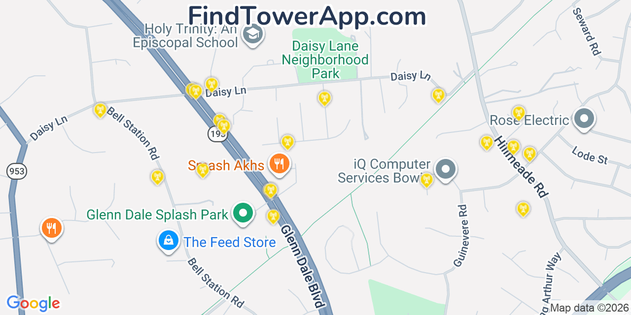 Map showing the 20 primary cell tower locations detected in Glenn Dale, Maryland from AT&T, Verizon, and T-Mobile networks