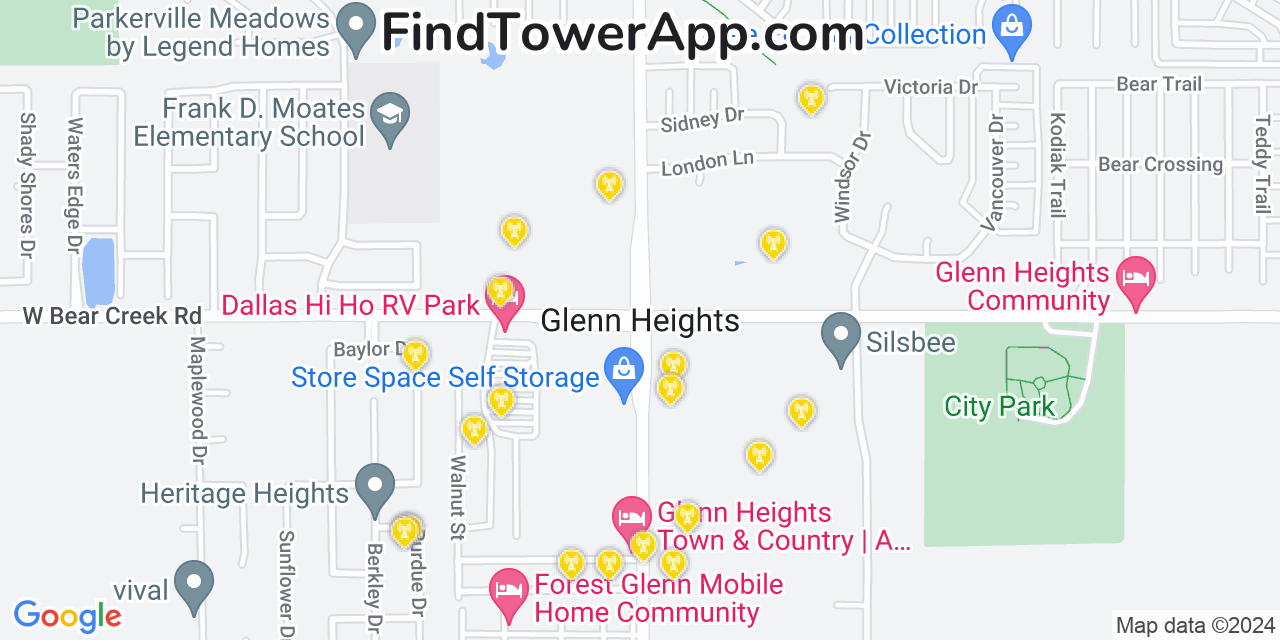 AT&T 4G/5G cell tower coverage map Glenn Heights, Texas