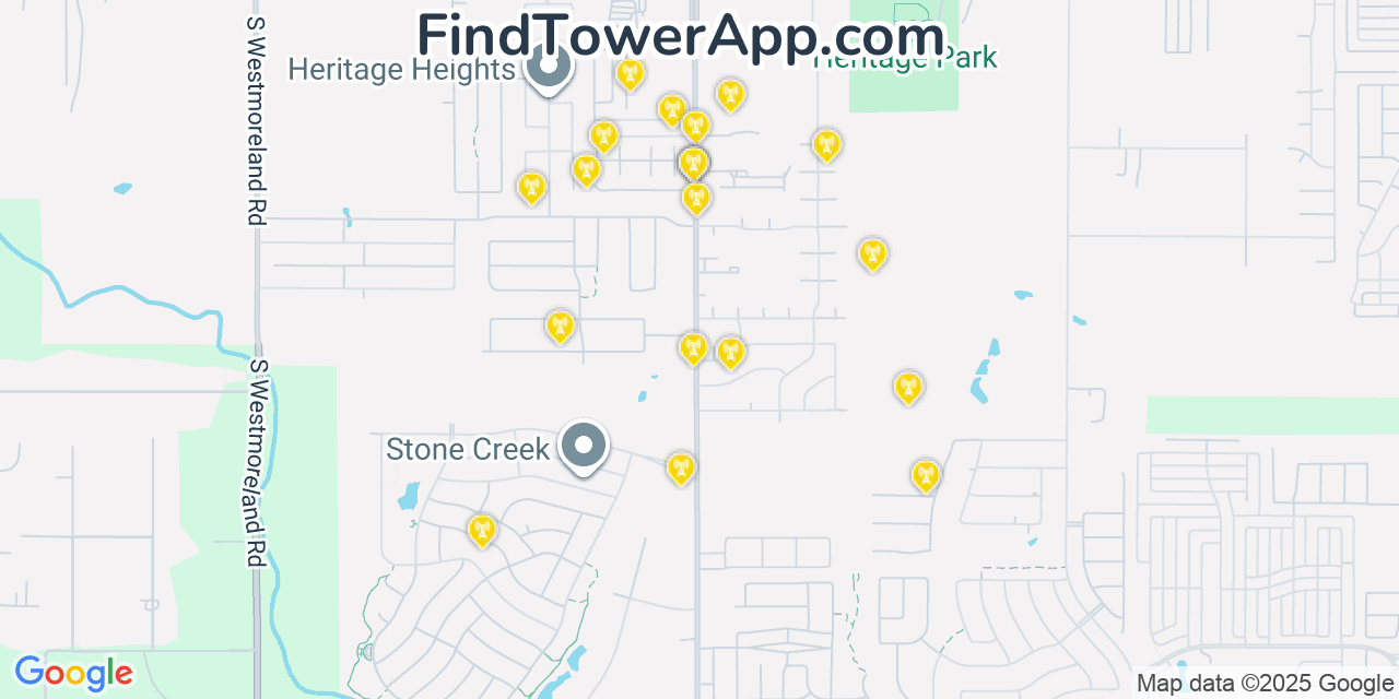 Map showing the 20 primary cell tower locations detected in Glenn Heights, Texas from AT&T, Verizon, and T-Mobile networks