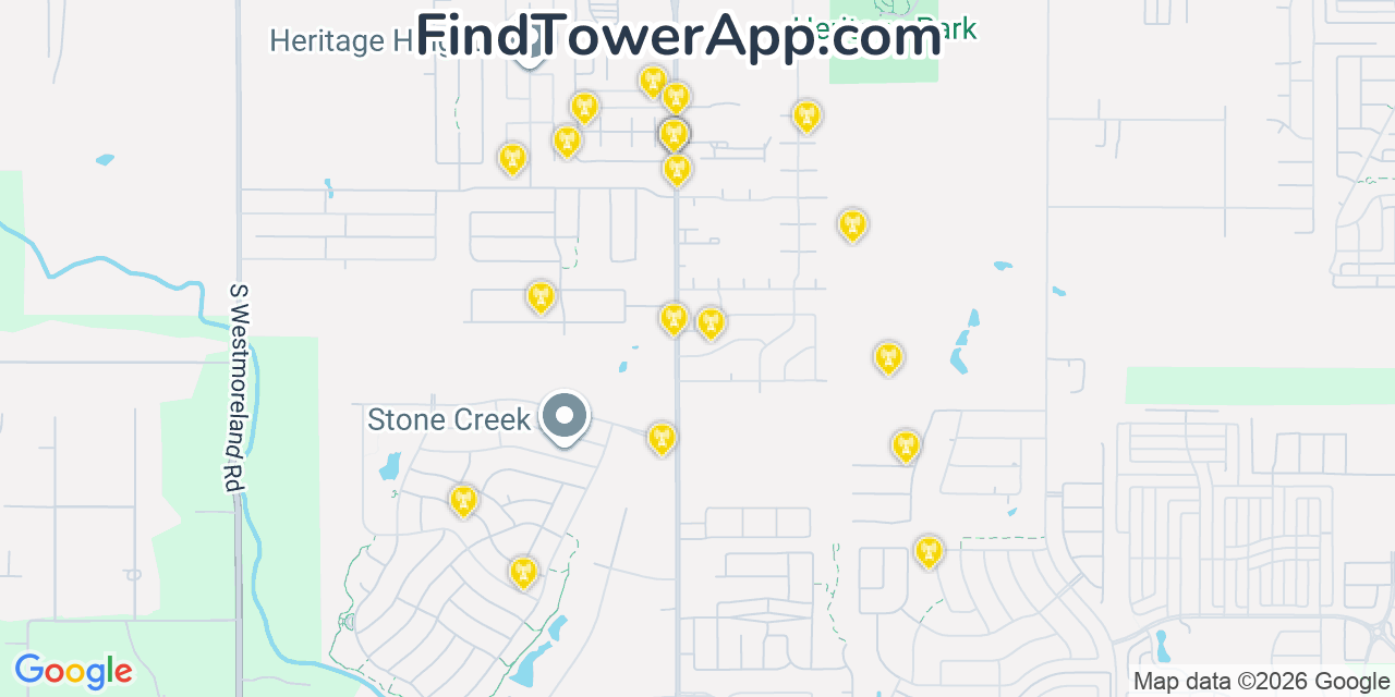 Map showing the 20 primary cell tower locations detected in Glenn Heights, Texas from AT&T, Verizon, and T-Mobile networks