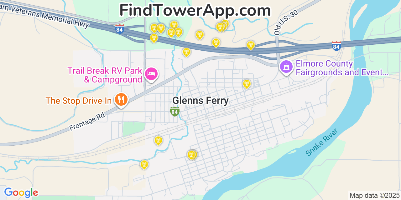 Map showing the 20 primary cell tower locations detected in Glenns Ferry, Idaho from AT&T, Verizon, and T-Mobile networks