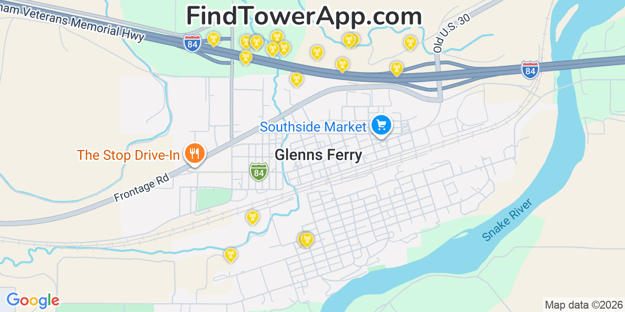 Map showing the 20 primary cell tower locations detected in Glenns Ferry, Idaho from AT&T, Verizon, and T-Mobile networks