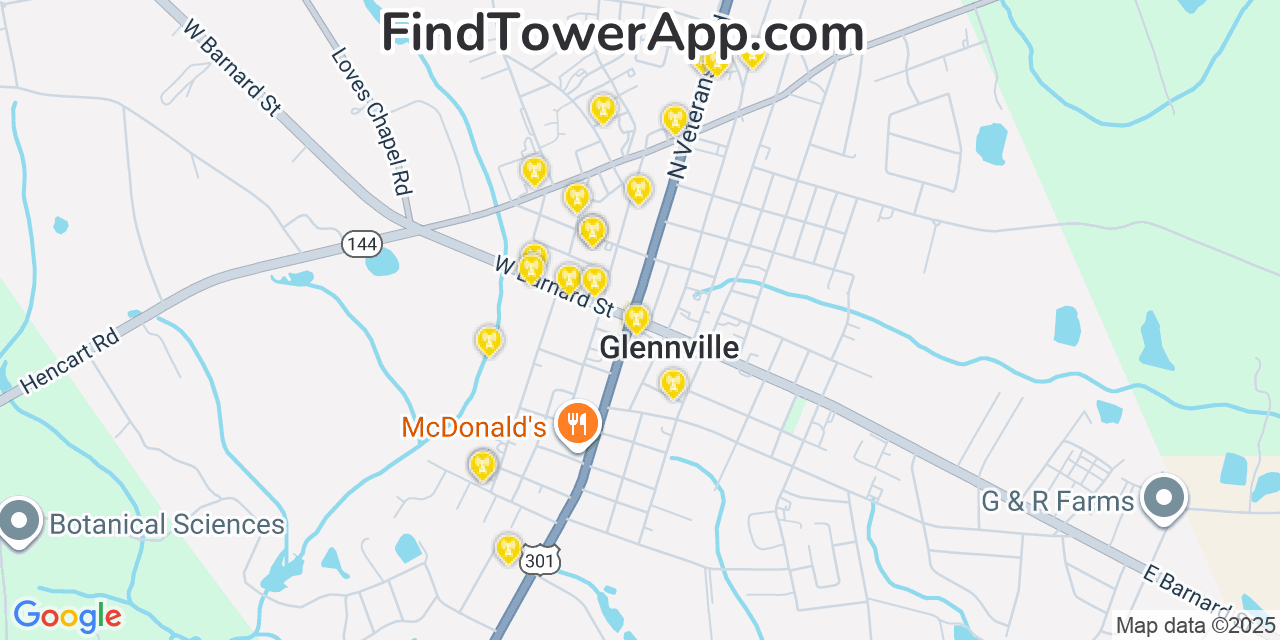 Map showing the 20 primary cell tower locations detected in Glennville, Georgia from AT&T, Verizon, and T-Mobile networks