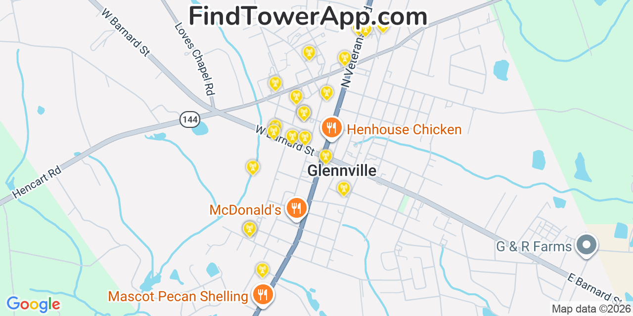 Map showing the 20 primary cell tower locations detected in Glennville, Georgia from AT&T, Verizon, and T-Mobile networks