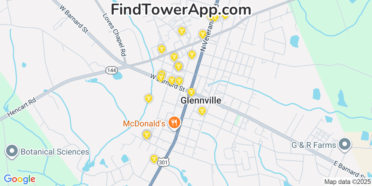 Map showing the 20 primary Mobitel cell tower locations detected in Glennville, Georgia with coverage radius and signal strength indicators